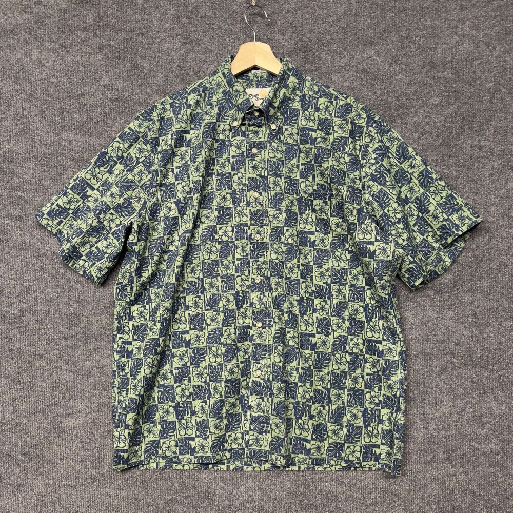 Reyn Spooner Classic Shirt Mens M Green Blue Floral Print Button Down Aloha AOP